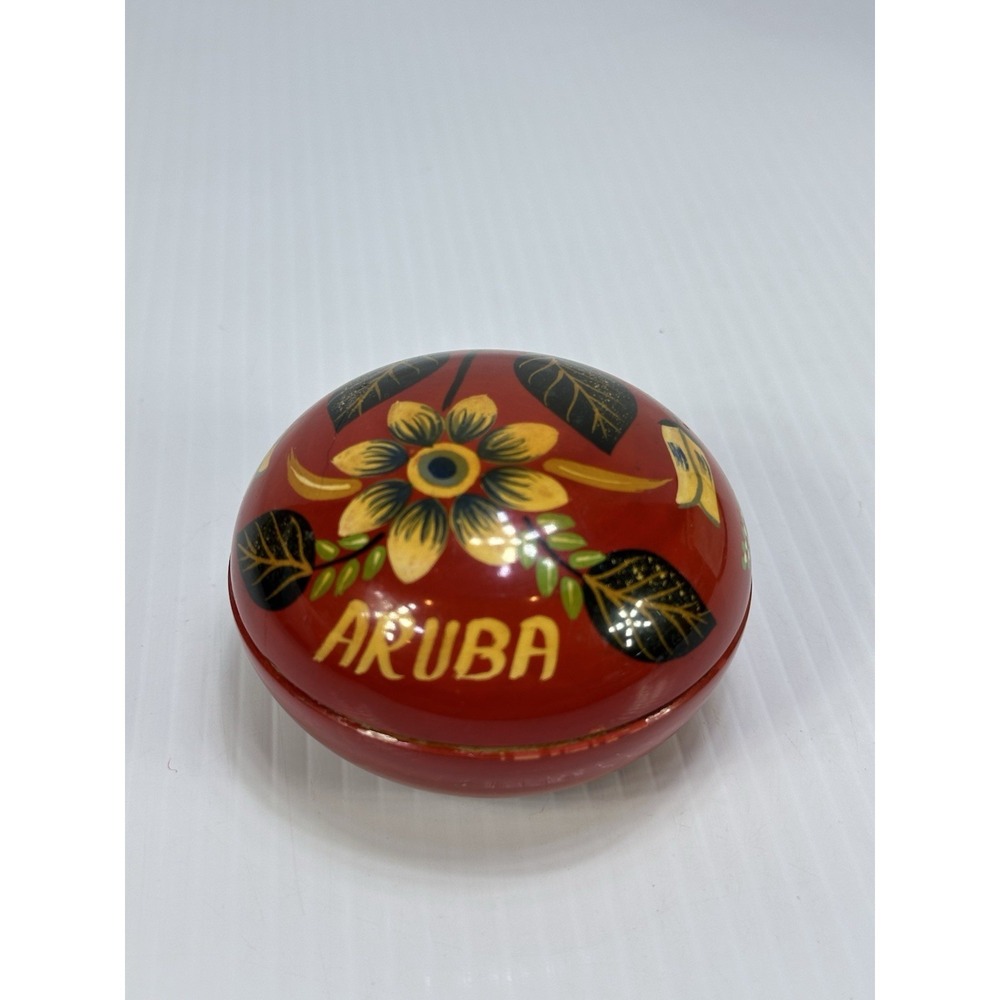 Vintage Hand Painted Flowers Small Round Wooden Trinket Ring Box Aruba